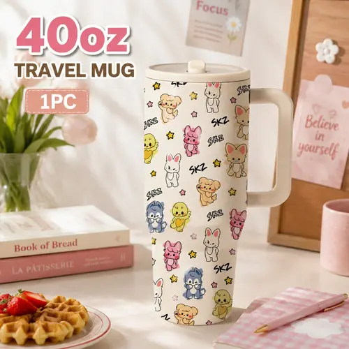 1 Pc 40oz Insulated Travel Mug with Handle, Double Wall Stainless Steel Tumbler, Leakproof Lid, Keeps Drinks Cold 24 Hrs and Hot 12 Hrs, Cartoon Animal Print Tumbler for Daily Use, Office, School, Leakproof Insulated Tumbler