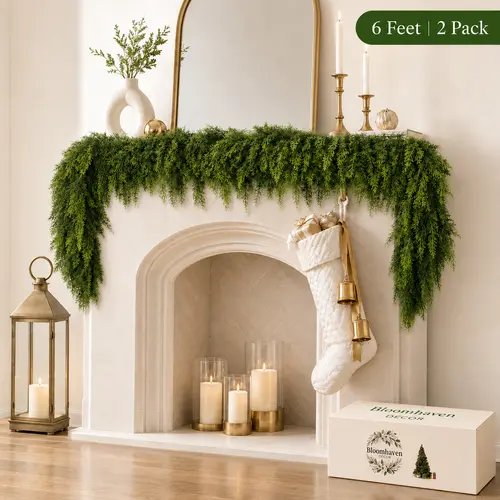 6 FT 2 Pcs Artificial Cedar Garlands, Real Touch Winter Cedar Garland, Green Artificial Greenery Pine Garland for Table, Mantle, Wall, Indoor, Outdoor Christmas Decorations