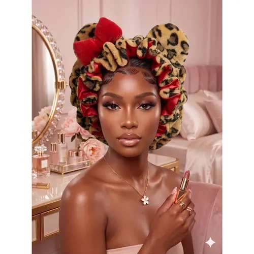 Plush Satin Bonnet for Women with Cute Animal Ears & Bow • Luxury Double Layer Sleep Cap Friction Free Hair Protection for Braids Curls Hidden Adjustable Strap