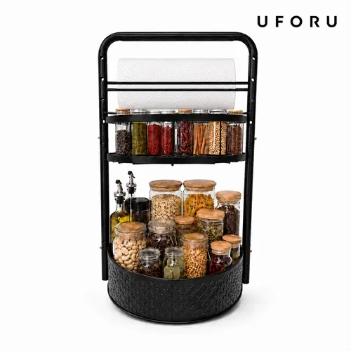 UFORU Durable 2-Layer Rotating Multi-Level Organizer Utility Rack - 9.84 in Adjustable Lazy Susan Turntable Shelf, Balanced Base Metal Rack for Pantry to Bathroom Spices, Condiments Storage