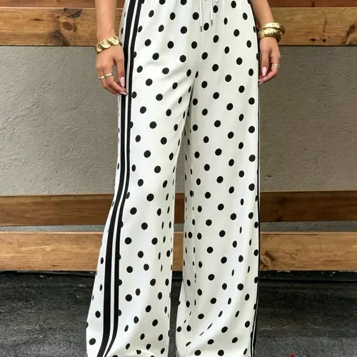 Women's Polka Dot Wide-Leg Knit Pants - Chic Retro Trousers with Side Stripes, High Elastic Drawstring Waist, Baggy Breathable Fabric, Oversized Everyday Drape Bottoms for Lounge Wear (Black, 1-Piece Non-Tops Alternative), Fashion, Vintage