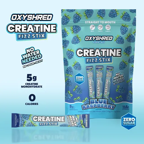 EHPlabs OxyShred Creatine Fizz Stix - Sugar-Free Single-Serve  Sherbet, 5g Creatine Monohydrate, No Water/Shaker/Mixing, Supports Athletic Strength, 15 Rip & Pour Sticks, 3 Flavors