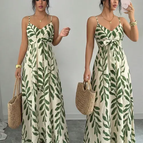 Women's Bohemian Long Floral Print Dress, Sleeveless Adjustable Spaghetti Straps V-Neck, Chest Tie Design, Fashion Summer Wear, Casual Beach Vacation