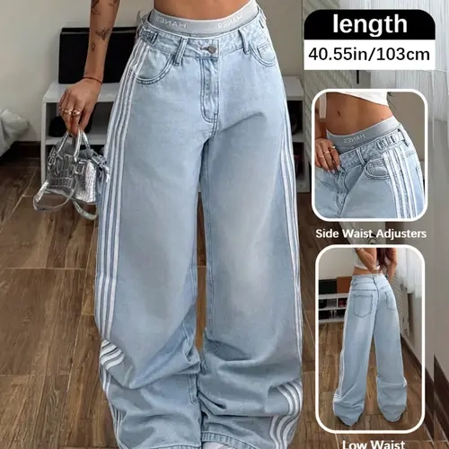 Y2K Retro Women's Jeans, Wide Leg Denim Jeans, Multiple Colors, Side Stripe Design, Low Waist Adjustable, Loose Fit, Floor-Length