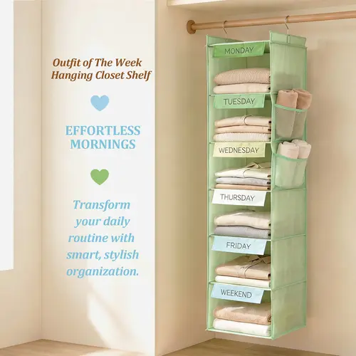 6-Shelf Hanging Closet Organizer with 2 Side Pockets, College Dorm Move-in  Must Have, Back to School Hanging Closet Storage, Weekly Clothes Organizers for Closet, Amazon Closet Hanging Organizer and Storage, Mint Green