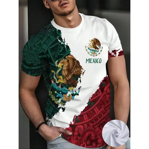 Men's Mexico Flag 3D Print Eagle Graphic Fitted Short T-Shirt, Aztec Eagle Cultural Theme Unisex Tee, Plus Size, Sporty Style, Casual Streetwear Fashion Animal Top Menswear, All Seasons