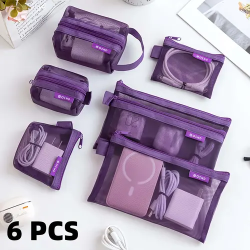 6PCS Durable Nylon Mesh Organizer Storage Bags - Zipper, See-Through, Multi-Size, Foldable Travel Pouches, Daily & Travel Accessories for Cables, Keys, Cosmetics
