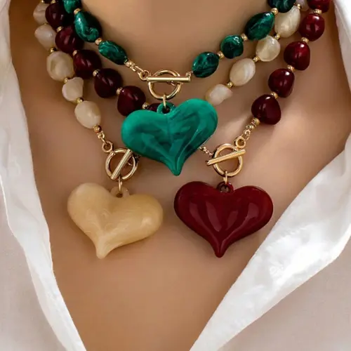 3Pcs Vintage Chunky Beaded Resin Heart Pendant Necklaces for Women, Party Necklaces, Statement Necklaces with Toggle Clasp, Trendy Jewelry Gift for Parties & Daily Wear, Casual Jewelry