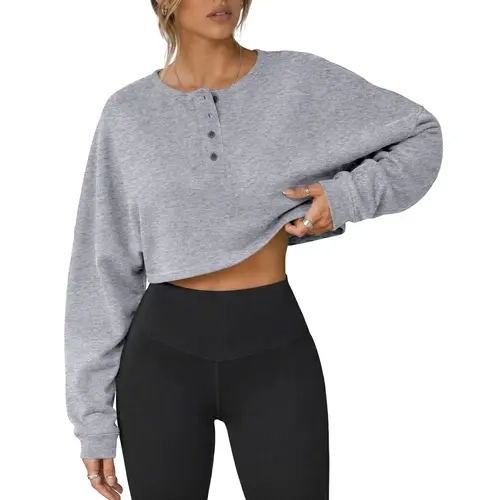 Fisoew Womens Long Sleeve Sweatshirt Tops Cropped Henley Neck Loose Fit Casual Workout Pullover Tee Shirts Fall Fashion,back to school,back to school shopping,clothes for back to school,first day of school outfits