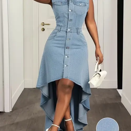 Women's Light Blue Sleeveless Lapel Denim Dress, Summer Single-Breasted Waisted High-Low Hem Denim Maxi Dress