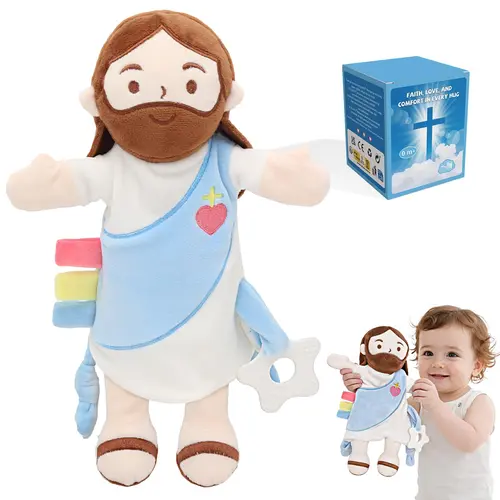 Yelakey Jesus Baby Lovey with Teether, Soft Security Blanket with Crinkle Tags & Bell, Baby Gift for Baptism, Baby Shower & Birthday