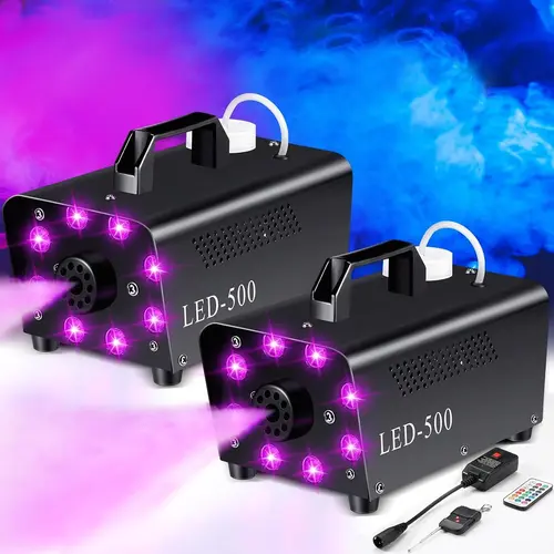 500W stage fog machine, equipped with 8 adjustable LED lights. Fog machine, 8 LED lights, wireless remote control