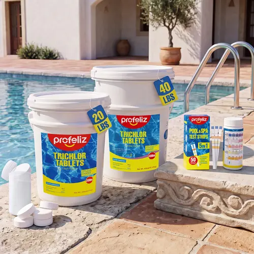 Profeliz 3-Inch 99% Pure Trichlor Slow Dissolve Chlorine Tablets (20 lbs) - 3" Skimmer Fit, Odor-Reduced Pack, Child-Safe Bucket, 5-In-1 Test Strips, Exclusive Protective Packaging, Pool Sanitizer Supplies for Above-Ground & Inground Pools