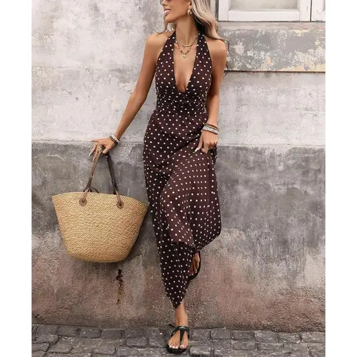 Brown Polka Dot Halter maxi dress for Women, Sleeveless Backless Deep V Neck A-Line sundress, Elegant Boho summer dress, vacation dresses and wedding guest dresses for Beach, Resort, Cruise and Holiday