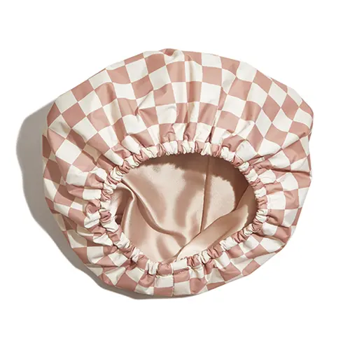 Women's 3-Layer Plaid Shower Cap with Satin Lining, Reusable Waterproof Haircare Protection for Long, Curly Hair