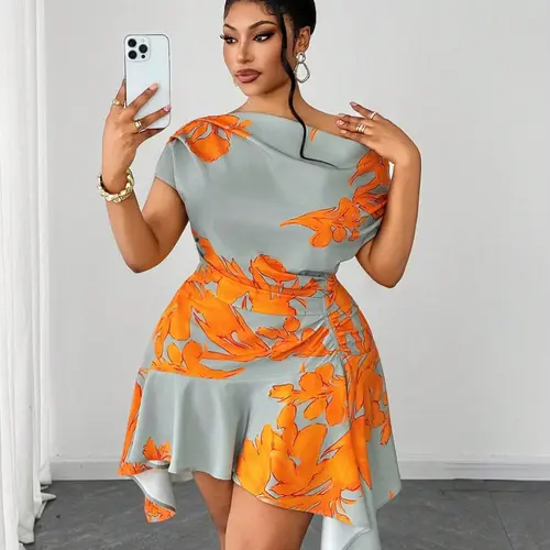 Plus Size Women's Asymmetrical Dress, Base Floral Print, Fitted Knee-Length Evening Gown, Elegant Party Wear