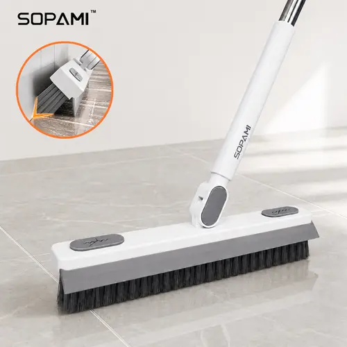 SOPAMI Floor Scrub Brush three adjustable stainless steel pole V shaped stiff bristle head built in TPR squeegee strip multi surface suitable for tile marble carpet counter sliding track toilet edge kitchen bathroom deep cleaning