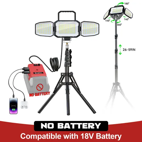 LED Work Light with 59" Tripod Stand Compatible with Milwaukee 18V Battery ,【Battery Not Included】, 70W 7000LM 3-Head Adjustable Flood Light, Dual Brightness Modes, USB-C Rechargeable Portable Job Site Light