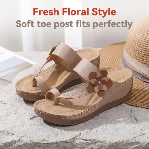 Peicnora Women's Slip-On Flip Flops Flats - Fashionable Flat Sandals, Floral Decor, Open-Toe, Comfortable PU Sole, Lightweight Non-Slip Breathable Daily Casual Summer Footwear