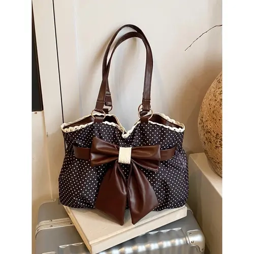 Women's Vintage Polka Dot Tote Bag - Cutecore Casual Slip-On Shoulder Purse with Large Bow, Lace Trim, Textured Design, Large Capacity for Holiday Travel, Everyday Bag, Gifts for Women, Sports & Outdoor Gym Accessory