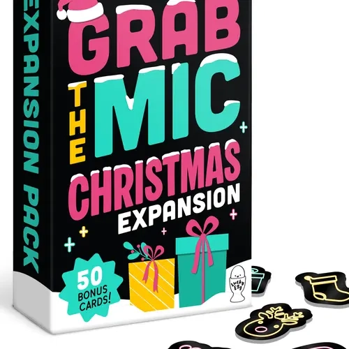 Grab The Mic Christmas Expansion Pack (50 Cards) - Base Game Required, 50 Festive Challenge Cards, 2-15 Players, Base Game Needed. Perfect For Bad Singers at Family Sing-Offs.