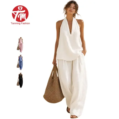 Tanming Womens 2 Piece Halter Top Wide Leg Palazzo Pants Set Cotton Linen Boho Vacation Beach Summer Outfit with Pockets
