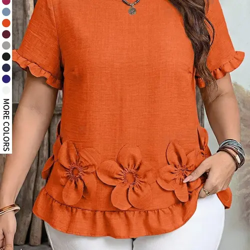 Plus Size Women's Plain Basic Casual Shirt Blouse, Multi-Color Options, 3D Flower Decoration, Comfortable Daily Wear, Unique Design for All Seasons Tops, Fit