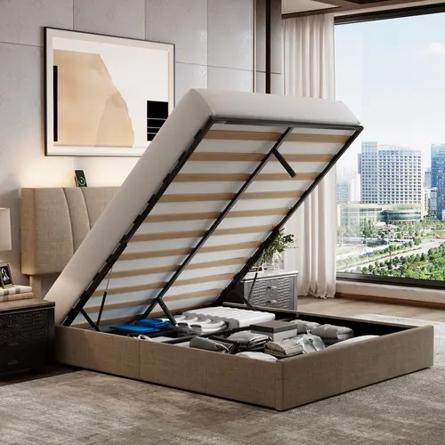 AVENCO Metal Wood Full/Queen/King Lift-Up Storage Drawer Bed Frame, 3-Height Adjustable Upholstered Headboard with Charging Station and LED Light, Hydraulic Support, Queen Bed Frame