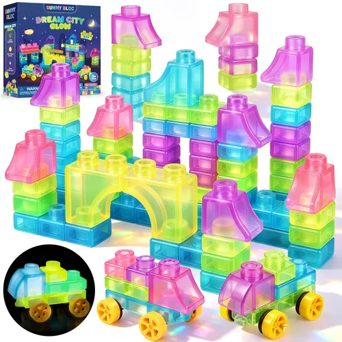 JoySpot Jelly Building Blocks 57 PCS Soft Glow in The Dark Building Blocks for Toddlers, Dream City Glow Kit, Squishy Sensory Stacking Toy with 2 Buildable Vehicles, Montessori STEM Preschool Gift for Boys Girls