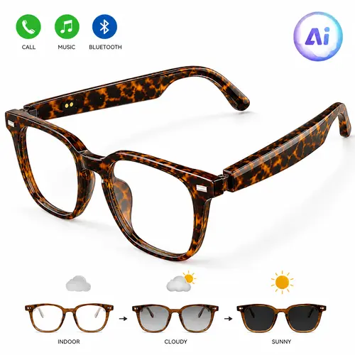 VUB Stylish Smart Glasses - Unisex Adult Wearable Tech Glasses with Tortoiseshell Plastic Frame, Adaptive Photochromic Lenses, Bluetooth Music & Calls, Blue Light Protection, Enhanced Communication, Casual Use, Batteries, Cleaning Cloth, Charging Cable