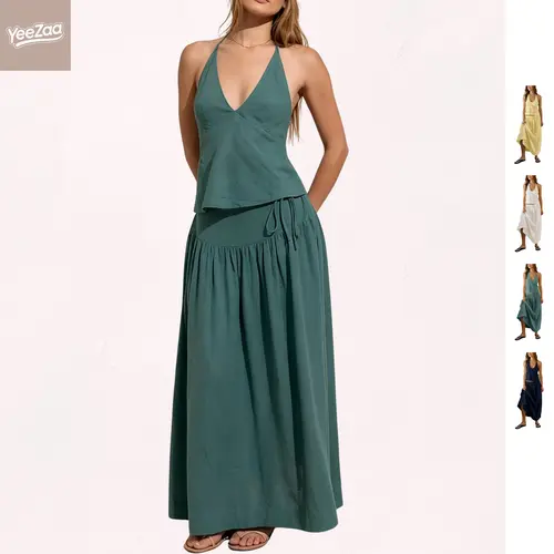 YeeZaa 2 Piece Linen Skirt Set for Women 85%Cotton & 15%Linen Summer Outfits Sandshell Linen Skirt Set Sleeveless Halter Open Back Top Maxi Skirt Two Piece Sets with Pockets Cotton Blend Resort Vacation Casual Beach Travel Wear