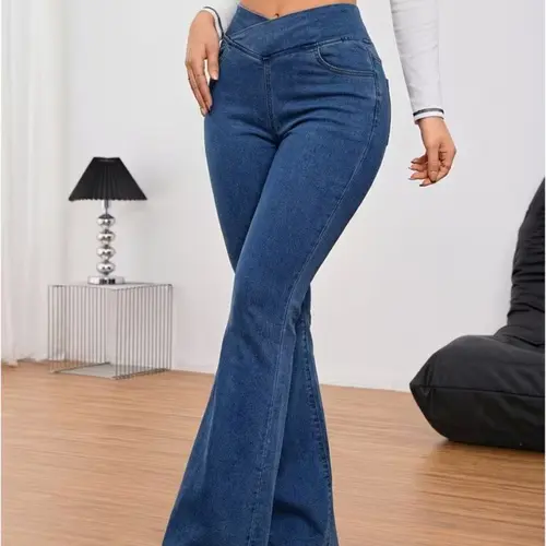 High-Waisted Flare Pants with Cross-Waist Detail, Stretch Bootcut Fit for Casual Streetwear Outfits,travel essentials,camping essentials tiktokshopbacktoschool,back to school,back to school haul