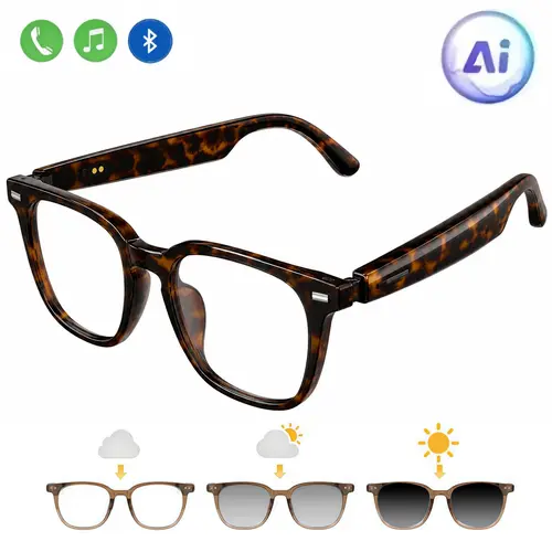 VUB Fashion Digital Wearable Smart Wireless Glasses - Premium Tortoiseshell Casual Plastic Frames, AI Translation, Adaptive Photochromic Eye Care Lenses, Hands-Free Calls, Built-In Music Player, for Women Shopping & Studying