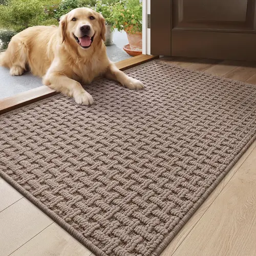 DEXI Machine Washable Polypropylene Entryway Mat Indoor - 24x36 Traditional Grid Texture Dirt Trapper, Absorbent, Anti-Skid Rubber Backing, Durable, Fade Resistant All-Surface Doormat for Home Front/Back Door, Beige, Machine Washable Rug, All-Surface Door