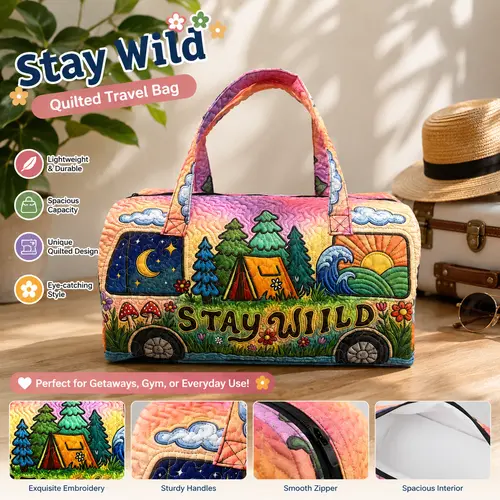 Boho Camping Quilted Duffle Bag for Women, Forest Adventure Weekender Travel Tote, Overnight Bag