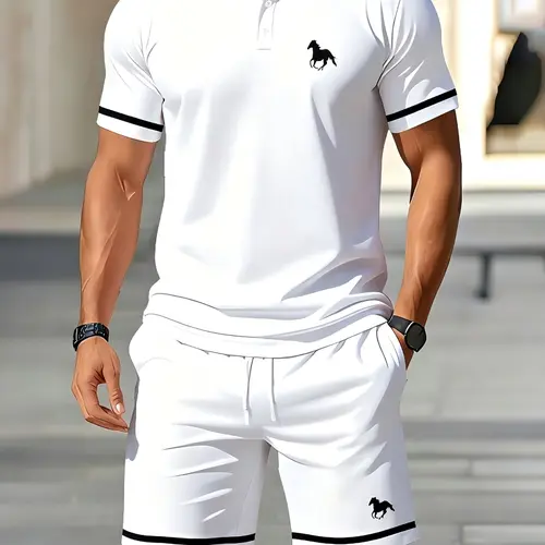 Men's Graphic Polo Shirt and Shorts Set Clothes, Summer Casual Sports Two-Piece Outfit for Daily Wear & Vacation, Comfortable and Stylish