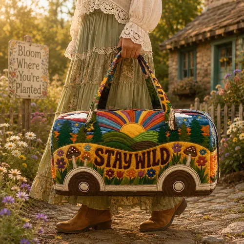 Boho Hippie Travel Bag for Women, Retro Camper Quilted Weekender Tote, Stay Wild Duffle