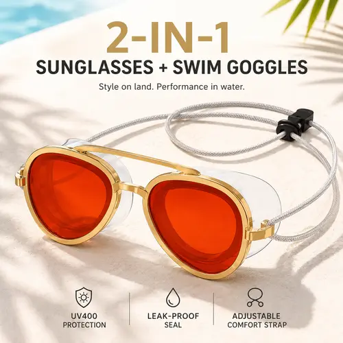 2-in-1 Polarized Swim Goggles & Sunglasses, Gold Frame Red Tinted Anti-Fog Goggles with UV Protection, 180° Wide View Silicone Seal for Adults
