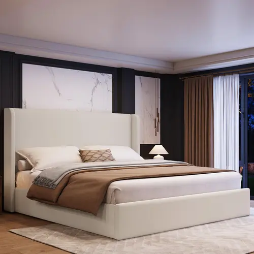 King Size Bed Frame with 51.2" Extra Tall Wingback Headboard, Luxury Upholstered Platform Bed Frame, Heavy Duty Support, Noise-Free, Easy Assembly, No Box Spring Needed, Ivory White Canvas
