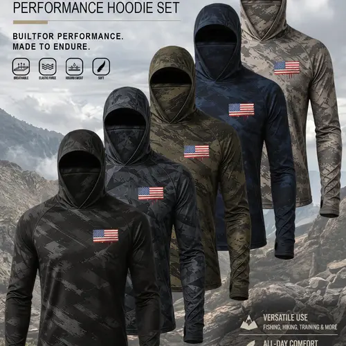 Men’s 5-piece camouflage sun-protection hooded sports hoodie set, form-fitting outdoor sportswear, fishing-style top with chest details, form-fitting sportswear