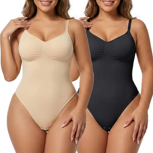 SHAPERX Women's 2PCS Seamless Thong Bodysuit Bra - Light Smooth Fabric, Tummy Control, Snap Crotch - for Daily Wear, Party, Casual, Everyday, Blouses