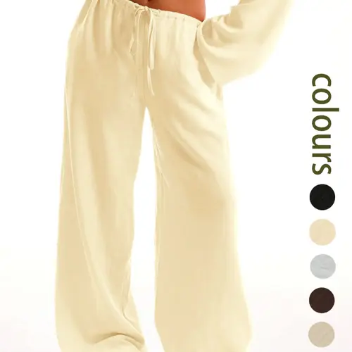 Women's Solid Pocket Woven Fabric Thin Pants, Casual Comfy Minimalist Wide Leg Trousers for Beach Vacation Holiday, Ladies Bottoms for All Seasons, Baggy Legged Pants