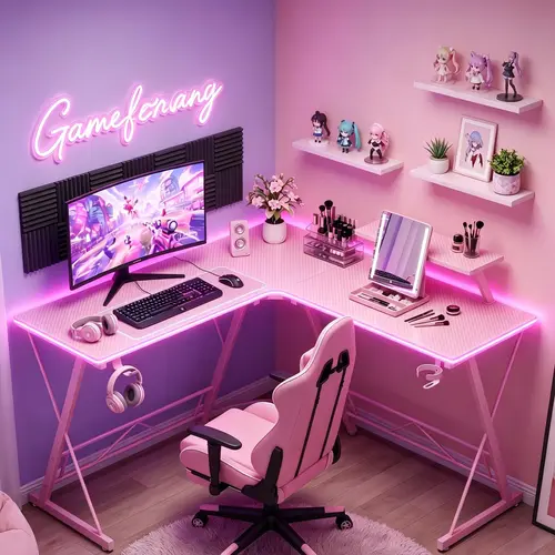 【PINK RGB Desk!!!】Mr IRONSTONE Gaming Desk with Led Lights,Corner Computer Desk with Carbon Fiber Surface,L shaped desk, Home Office Desks Writing Workstation with Large Monitor Stand, Easy to Assemble 51 Inch