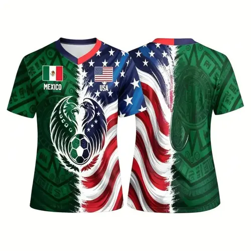 Split Half Mexico Green Tribal & US Stars Stripes Athletic Shirt, Dual Eagle Symbol Cross-Border Heritage Fan Apparel for Game Day & Family Wear