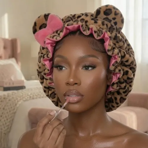 Sassy Leopard Plush Bonnet - Y2K Soft Girl Aesthetic Satin Sleep Cap & Cute Night Routine Accessory tiktokshopbacktoschool, Haircare, Gift