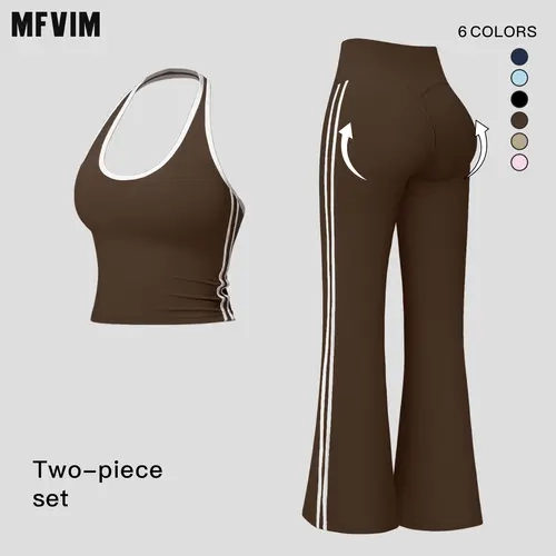 MFVIM Women’s breathable “naked feel” sports set with contrast piping — wide-neck halter crop top featuring a flattering back design, tummy control, and slight flared yoga bottoms (two-piece set).,travel essentials,camping essentials