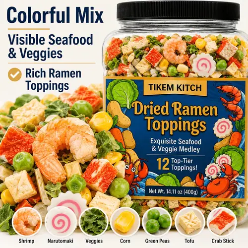 Sugar-Free Asian Noodles Ramen Topper Blend - 14.11 oz Large Ambient Cupboard Jar with 12 Assorted Add-Ins (Shellfish, Corn, Peas, Tofu Cubes, Narutomaki, Crab Stick, Cabbage, Vegetable Bits) - Tofu & Crab Stick-Infused, Soups & Miso Ready