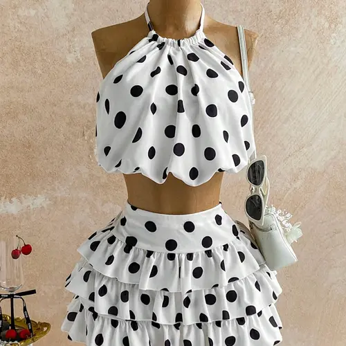Women's 2-Piece Set, Sleeveless Backless Top + Layered Ruffle Skirt, Vintage Polka Dot Chic Resort Wear, Y2K Style, Perfect for Outing