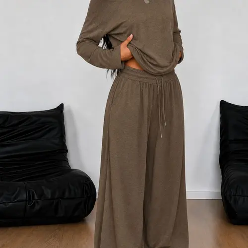 Women's Two-Piece Casual Set, Knitted Loose Baggy Long Sleeve Top & Wide Leg Pants, Comfortable Home Wear, Fall & Winter Fashion
