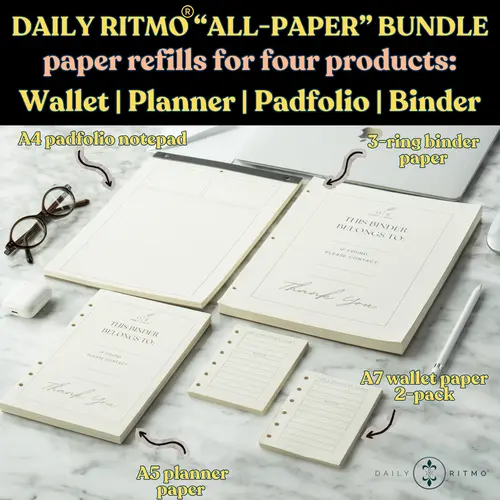DAILY RITMO "ALL PAPER" Bundle | All Paper Refills for A7 Wallet, A5 Planner, A4 Padfolio & 3-Ring Binder